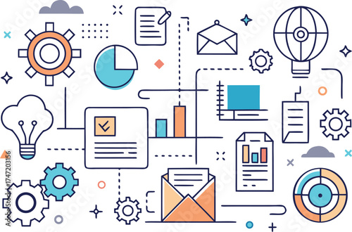Business process optimization and data analysis with icons representing strategy planning and project management