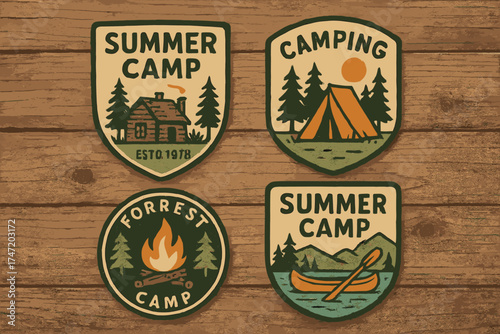 A collection of vintage outdoor summer camp logo patches mounted on a wooden board, featuring hand‑drawn and vector emblem designs, ideal for shirts, stamps, stickers, logos, and labels