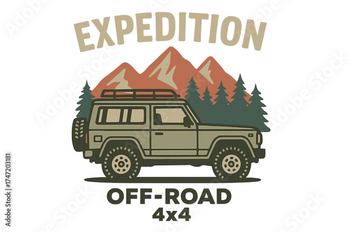 Illustration of a retro SUV on a mountain backdrop, styled vintage, depicting an off‑road 4x4 expedition for t‑shirt or poster printing, in vector format