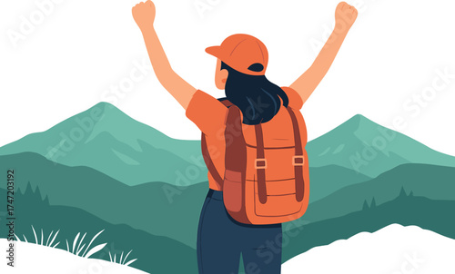 A female hiker or traveler, backpack in hand, feels victorious as she conquers the mountain, enjoying nature and outdoor education on vacation—a travel and lifestyle concept