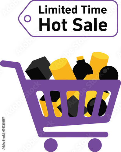 Purple shopping cart overflowing with products, promoting a limited time hot sale event.
