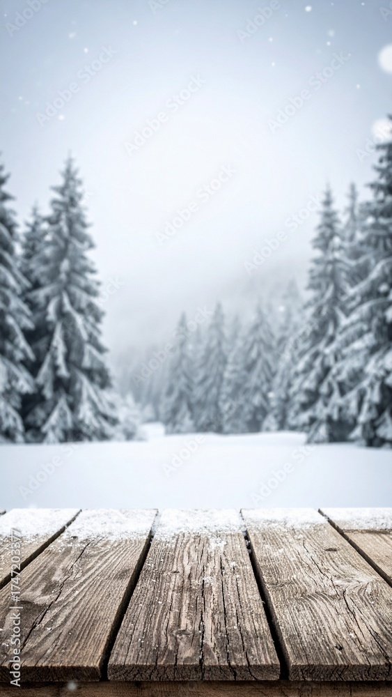 Fototapeta premium Empty Snow-Covered Wooden Table with a Blurry Background of a Winter Forest and Falling Snow