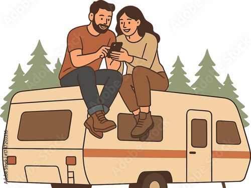 A joyful couple using their mobile phone while seated on the roof of their camper trailer amid nature