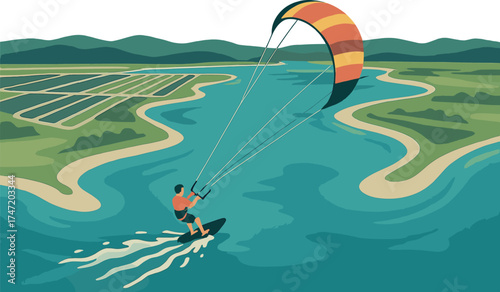 A bird's-eye view of a kitesurfer in the Neretva delta valley near Ploce, South Dalmatia, Croatia