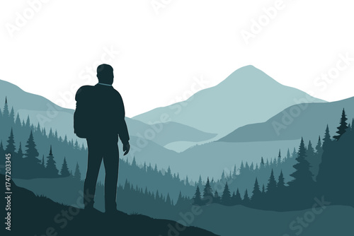A traveler gazes at mountains, embodying discovery, exploration, hiking, adventure tourism, and travel, set against a realistic foggy forest landscape, as a wilderness explorer in a website template