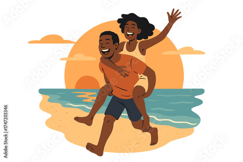 A black couple enjoys a beach adventure, laughing under a sunset while traveling, taking a piggyback ride, and celebrating their love on an energetic ocean holiday, whether it's a summer vacation or