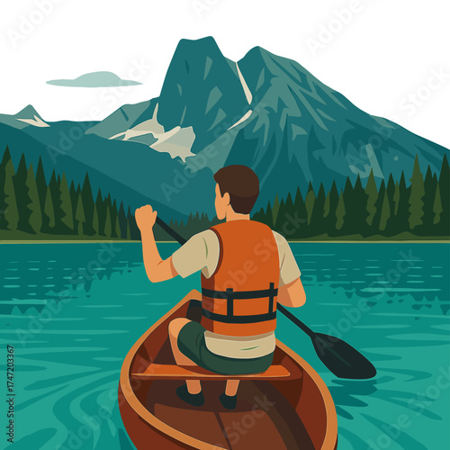 A young man paddles a canoe with a life vest on Emerald Lake, surrounded by the rocky mountains of Canada, with blue water in the background