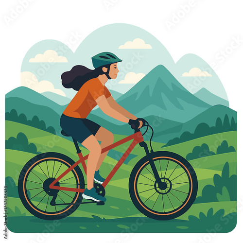 A woman cyclist takes pleasure in a picturesque mountain biking excursion, with rolling hills and verdant scenery forming a breathtaking backdrop—ideal for active living, travel, and adventure
