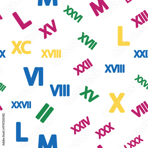 Seamless pattern with Roman numerals. Ten and twenty, thirty, forty, fifty, sixty, seventy, eighty and ninety. Algebra and geometry