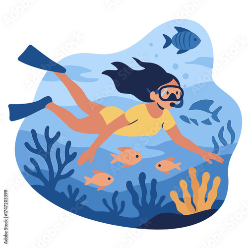 Vector illustration of a snorkeling adventure featuring a young woman swimming underwater, exploring marine life among fish and coral, ideal for a summer holiday, travel, and water sports concept