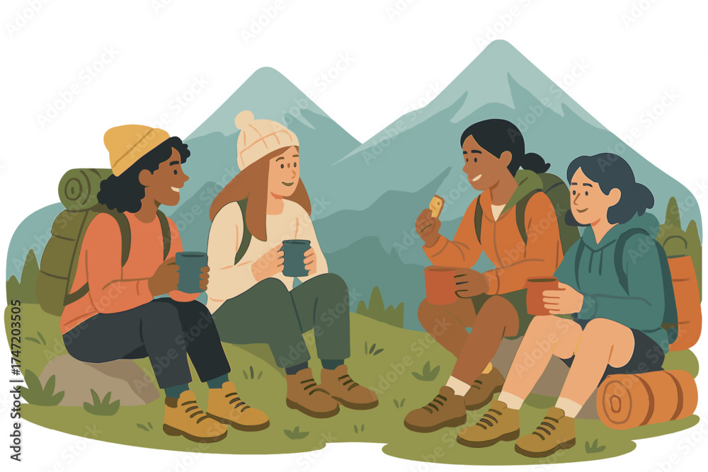 Fototapeta premium A youthful, varied group of women friends pausing their hike to enjoy hot beverages and snacks amid the mountains