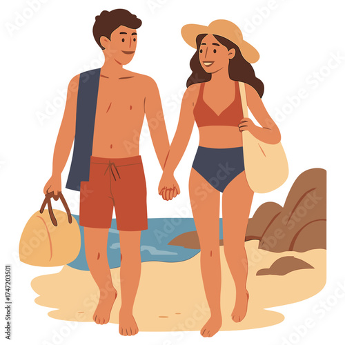 A young, gorgeous shirtless couple walking toward a rocky beach, all set for a summer adventure