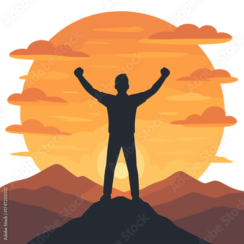 A man stands atop a mountain, overwhelmed with joy and satisfaction, embodying the idea of success, while moving clouds drift over a beautiful sunset, inviting him to enjoy the stunning view