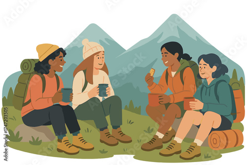 A youthful, varied group of women friends pausing their hike to enjoy hot beverages and snacks amid the mountains