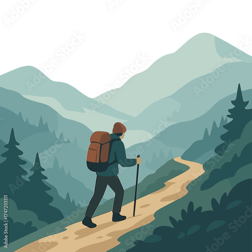 A lone hiker climbs a foggy mountain path, finding solitude in nature