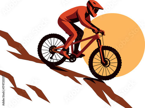 A cyclist in red rides a bike down a rocky slope at sunset, embodying extreme sport and enduro biking