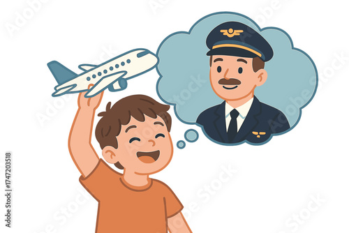 A cheerful child envisions traveling and playing with an airplane pilot