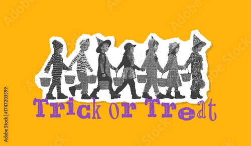 Halloween kids trick or treating in costume silhouette with candy pails and festive background