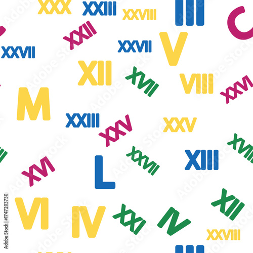 Seamless pattern with Roman numerals. Ten and twenty, thirty, forty, fifty, sixty, seventy, eighty and ninety. Algebra and geometry