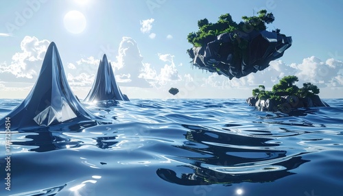 A serene seascape depicts a fantastical world with floating islands and sharp, angular rock formations emerging from the water under a bright, sunny sky and fluffy clouds, creating a sense of wonder.