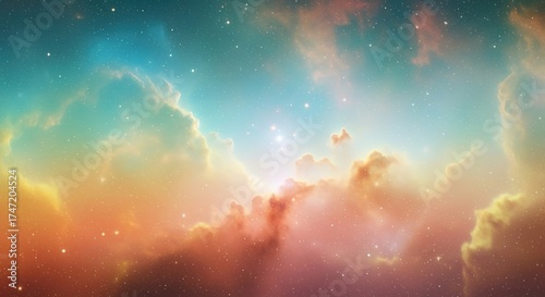 Ethereal Teal Orange Nebula Cloudscape with Sparkling Stars.