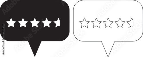 Black and white speech bubbles displaying five star ratings for feedback and reviews on customer experience online