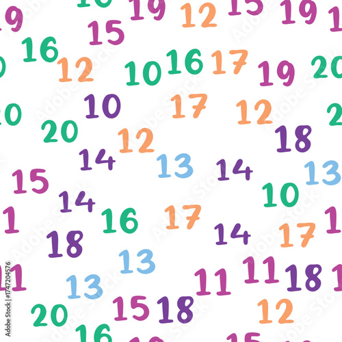 Seamless pattern with beautiful numbers. Ten, twenty, thirty, forty, fifty, sixty, seventy eighty ninety Algebra and geometry