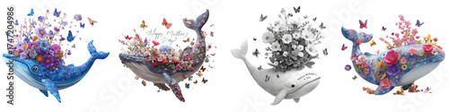 Whimsical whales adorned with vibrant flowers and fluttering butterflies, a celebration of nature's beauty and gentle giants, perfect for charming designs