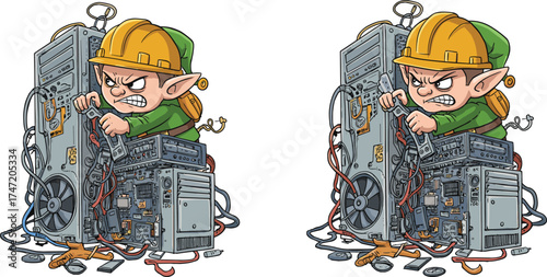 Angry elf, computer chaos, tangled wires, tech frustration, cartoon character, hardware mess, digital overload, repair scene, fantasy technician, comic stress