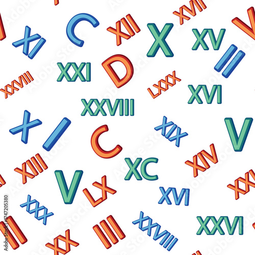 Seamless pattern with Roman numerals. Ten and twenty, thirty, forty, fifty, sixty, seventy, eighty and ninety. Algebra and geometry