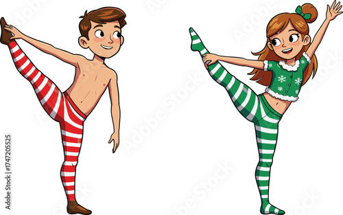Christmas balance, cartoon kids, festive pose, striped leggings, holiday flexibility, dance routine, winter fun, cheerful movement, expressive characters, seasonal illustration