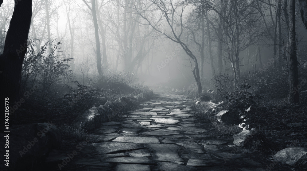 Obraz premium Misty forest pathway with cobblestone road surrounded by trees and fog creating a mysterious atmosphere