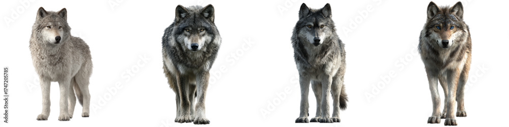 Fototapeta premium Majestic wolves standing alert, a pack of wild canines in realistic detail, perfect for nature documentaries or wildlife conservation campaigns, originally a scalable vector graphic
