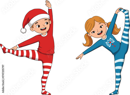 Christmas kids, balancing pose, festive activity, cartoon children, striped leggings, Santa hats, playful movement, winter fun, holiday exercise, cheerful expression