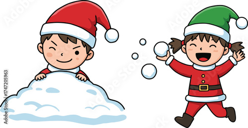 Christmas kids, snowball fight, festive outfits, cartoon children, Santa hats, winter play, cheerful scene, holiday fun, joyful expression, playful illustration