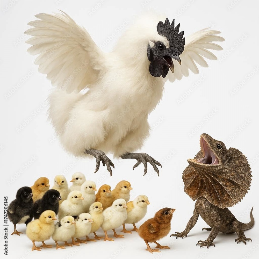 Naklejka premium Mother hen fighting to defend babies