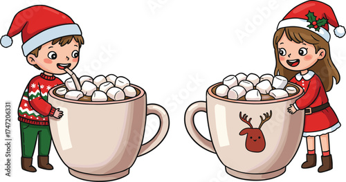 Christmas kids, hot chocolate, festive drink, holiday joy, cartoon children, marshmallow cup, Santa outfit, cozy winter, reindeer mug, celebration