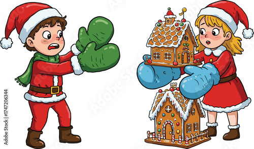 Christmas kids, gingerbread house, festive outfits, cartoon children, Santa suits, oversized mittens, holiday baking, whimsical scene, winter fun, playful illustration