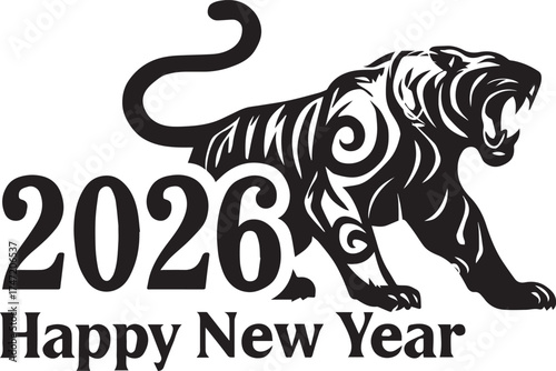 Black and white illustration of a stylized tiger roaring next to the year 2026 and Happy New Year text