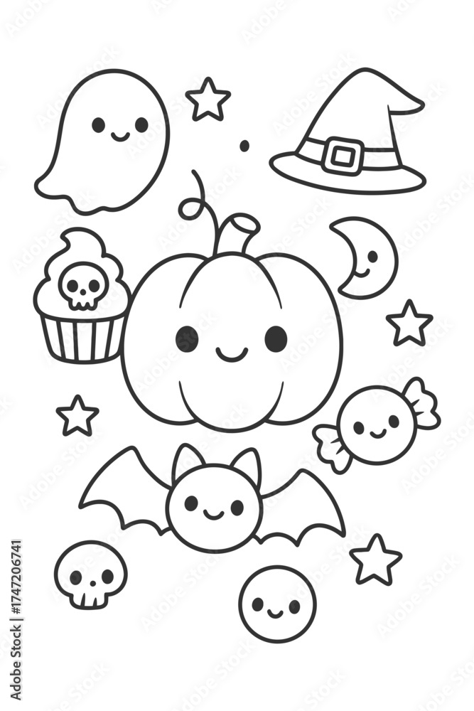 Fototapeta premium A fun collection of cartoon vector illustrations featuring smiling faces, children, and a funny icon set design - Halloween doodle coloring