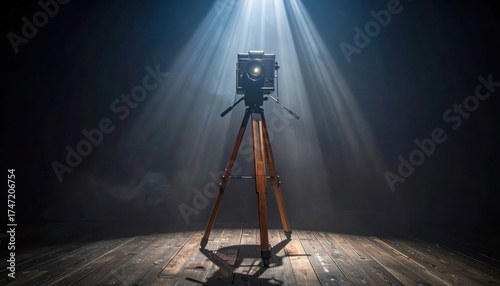Classic large format camera mounted on a wooden tripod stands centered on a wooden floor, illuminated by dramatic overhead spotlight beams creating a moody and atmospheric environment with a dark...