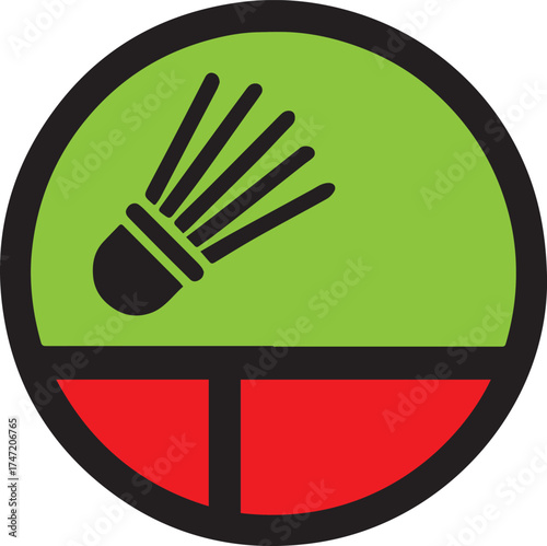 Black badminton shuttlecock flying over red and green court lines within a black circle sport game