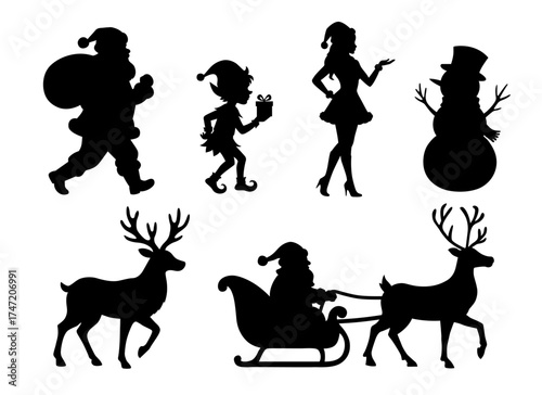 Christmas characters silhouettes illustrations. Vector set. Santa Claus, elf, snowman and reindeer.
