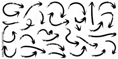 Collection of hand drawn black arrows with brush stroke texture on white background