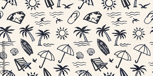 Seamless pattern of hand drawn beach vacation icons including palm trees sun umbrellas surfboards and seashells