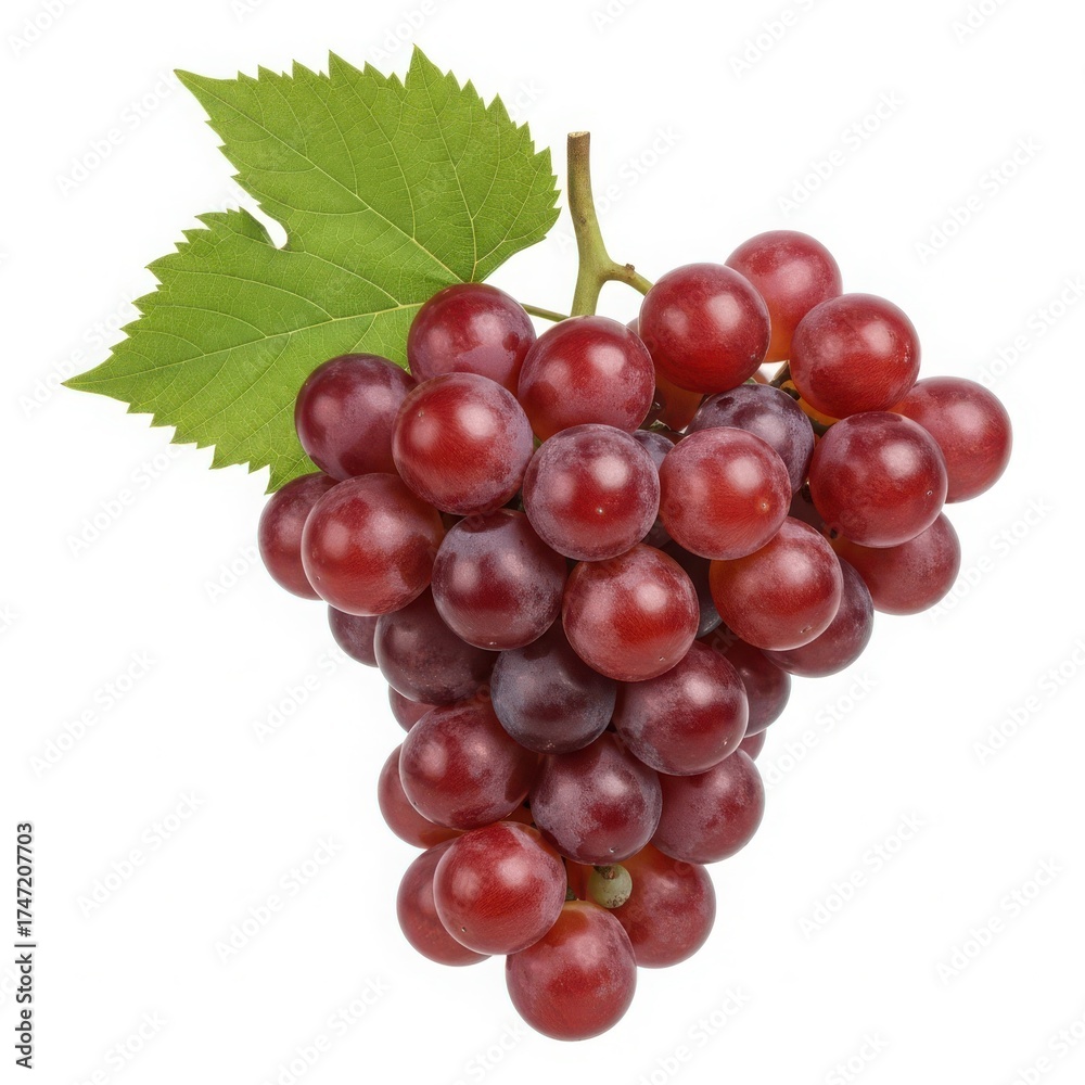 Fototapeta premium Bunch of ripe red grapes with green leaves isolated on white background