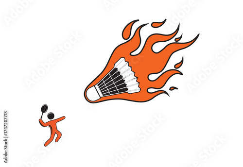 Orange badminton shuttlecock engulfed in flames flying towards a small orange figure holding a racket
