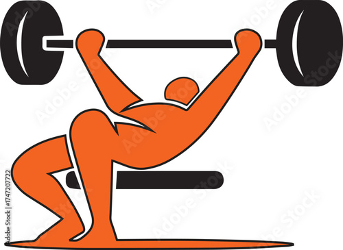 Orange figure lifting black barbell on bench press in stylized graphic weightlifting weight training