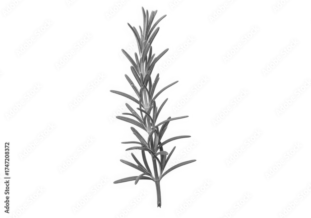 Naklejka premium A detailed illustration of a rosemary sprig, its needlelike leaves and slender stem, isolated on a white background for culinary use