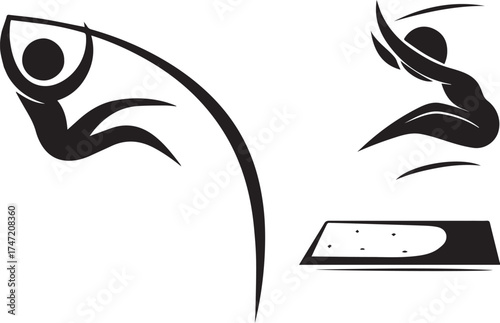 Stylized black silhouette of a pole vaulter in mid-air and a gymnast performing on a mat gymnastics